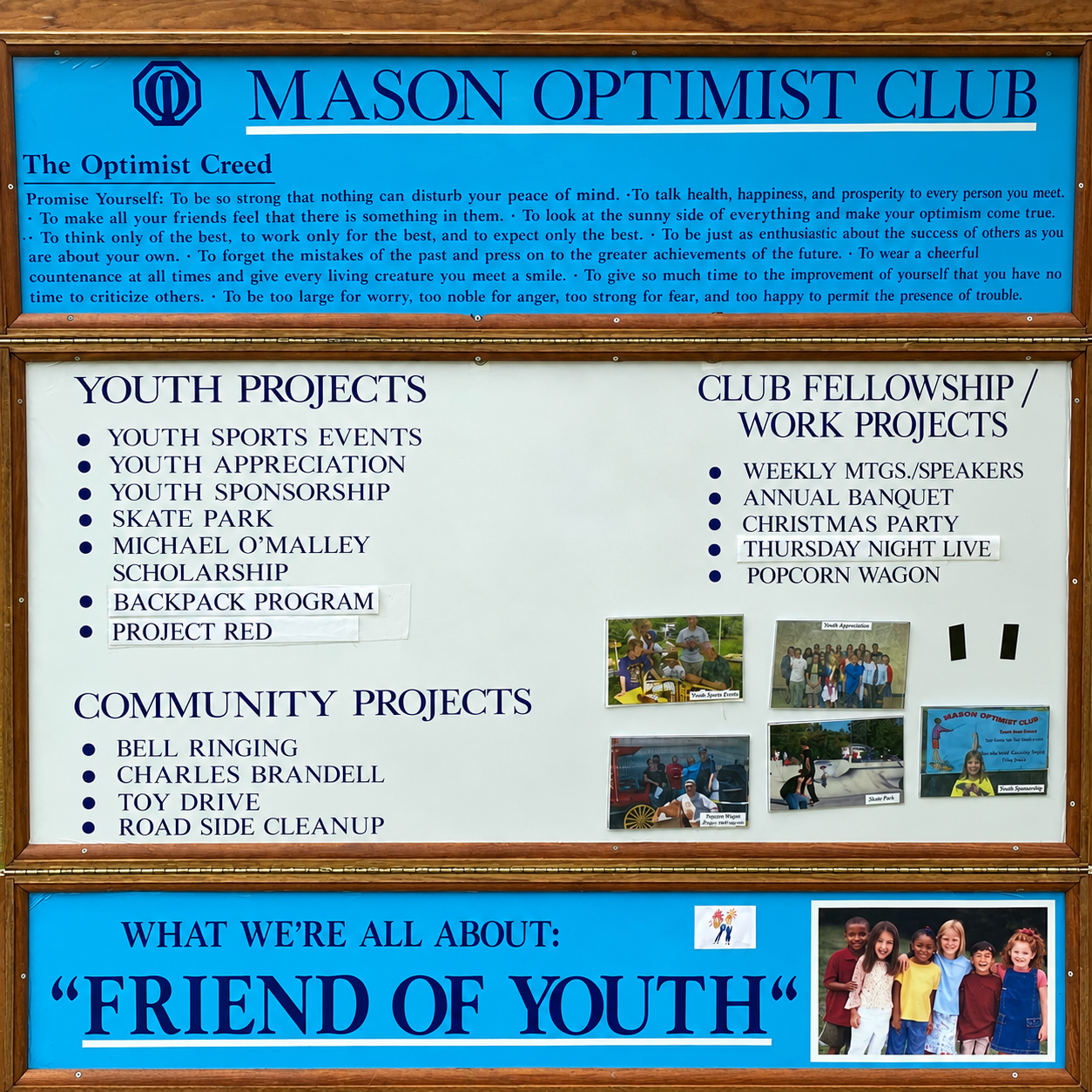 Mason Optimist Club sign describing youth and community projects